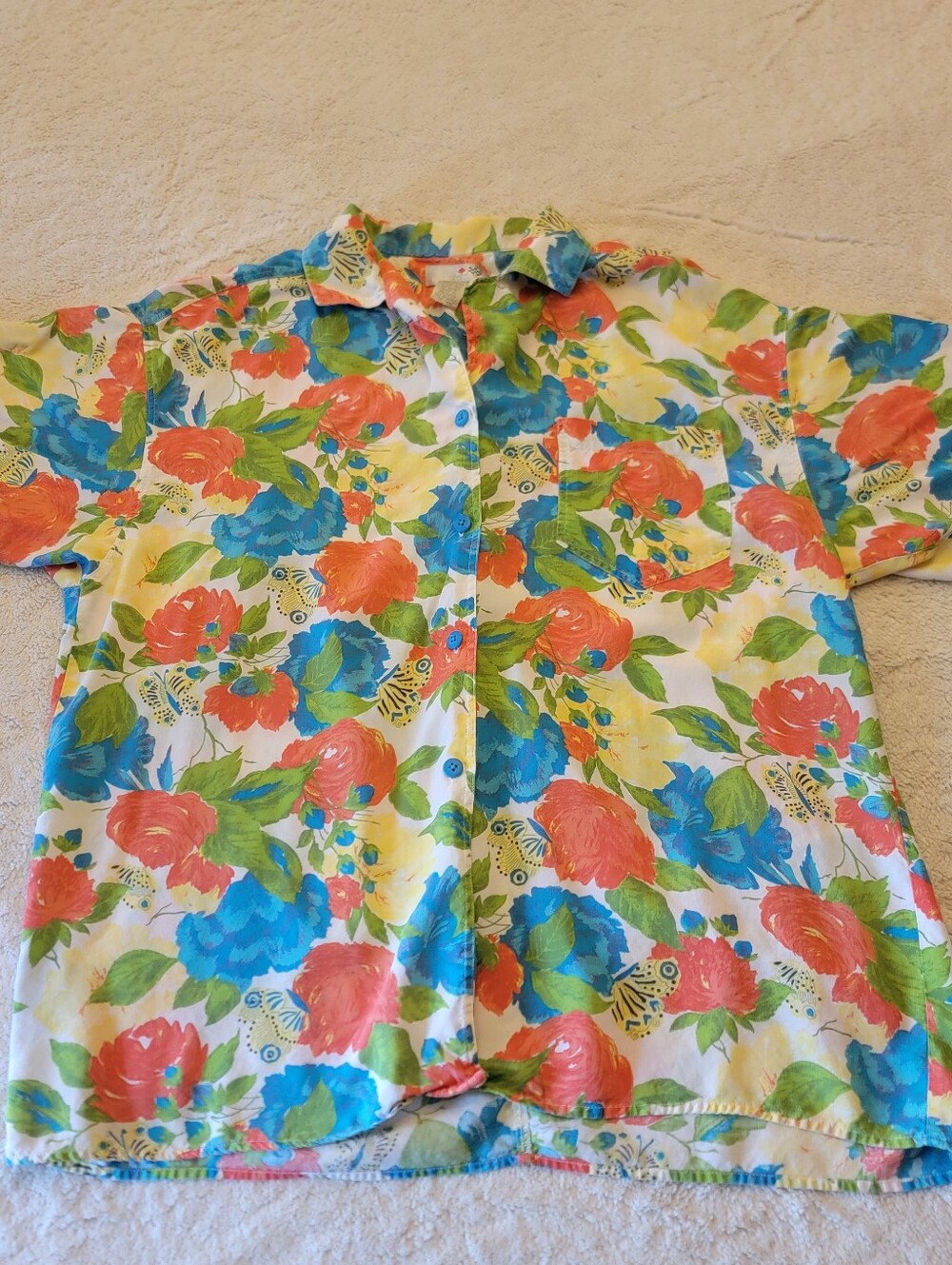 Vintage 90s French Navy Floral Button Up Abstract Tropical Hawaiian Short Sleeve